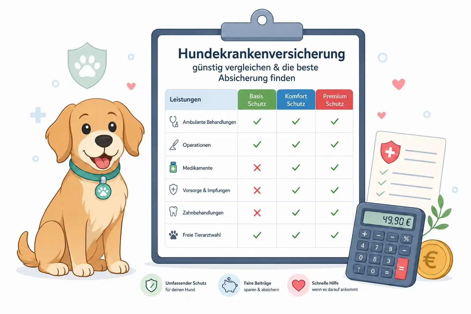 Leistungen einer günstigen Hundeversicherung prüfen mit Hund, GOT-Satz und Tierarztkosten