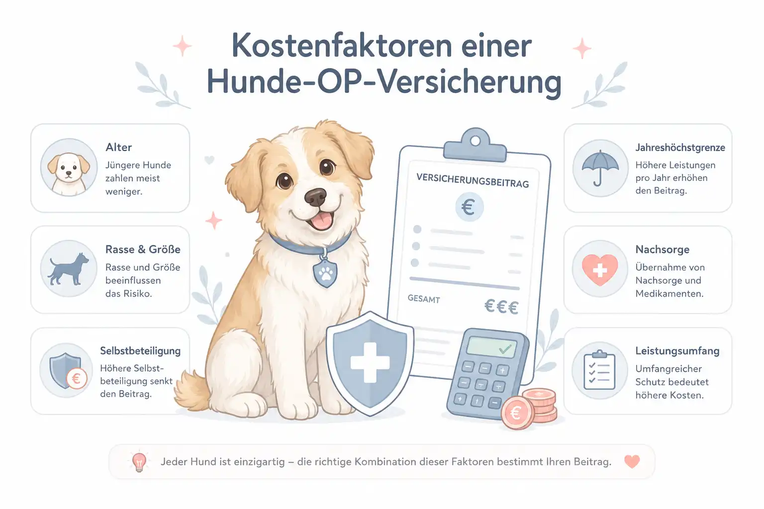 Kostenfaktoren einer Hunde-OP-Versicherung mit Hund, Rechnung und Schutzsymbolen