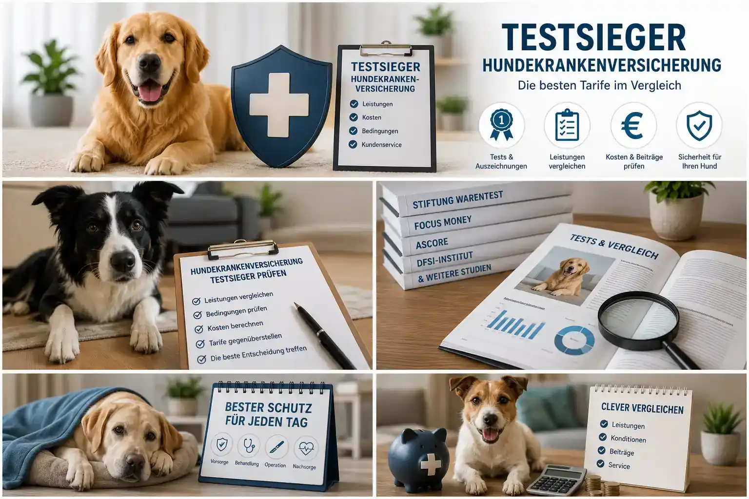 Hundekrankenversicherung Testsieger prüfen mit Hund, Lupe, Tarifbedingungen und Bewertungsmaßstab