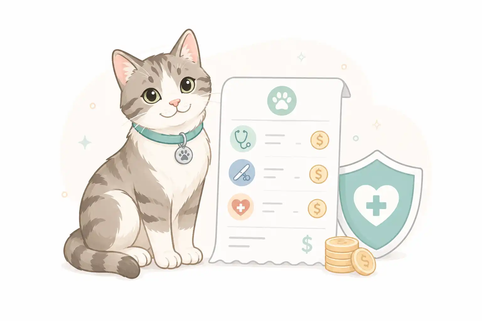 Kostenfaktoren einer Katzen-OP-Versicherung mit Katze, Rechnung und Schutzsymbolen