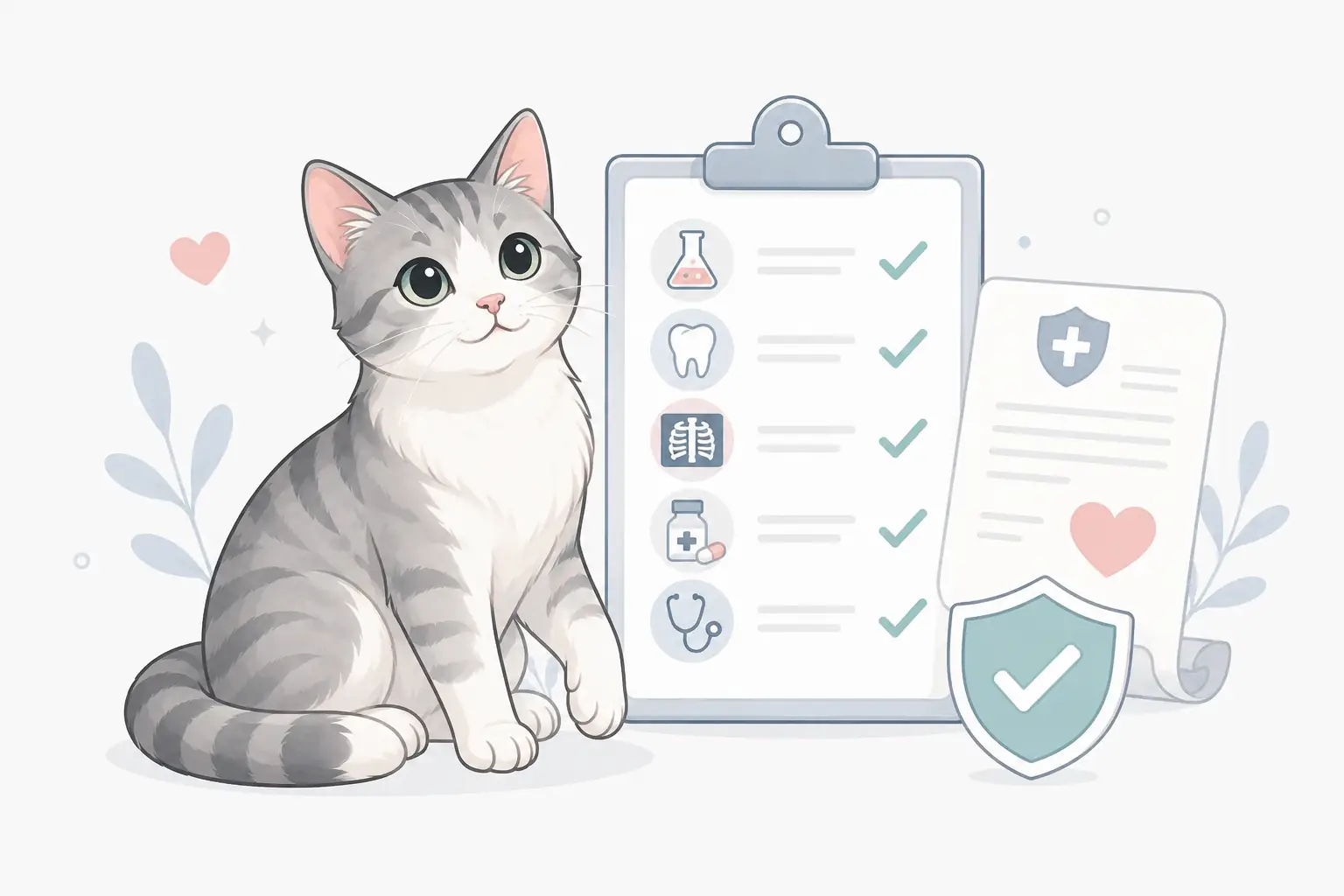 Katzenversicherung Leistungen prüfen mit Katze, Labor, Zahnkontrolle und Tarifunterlagen