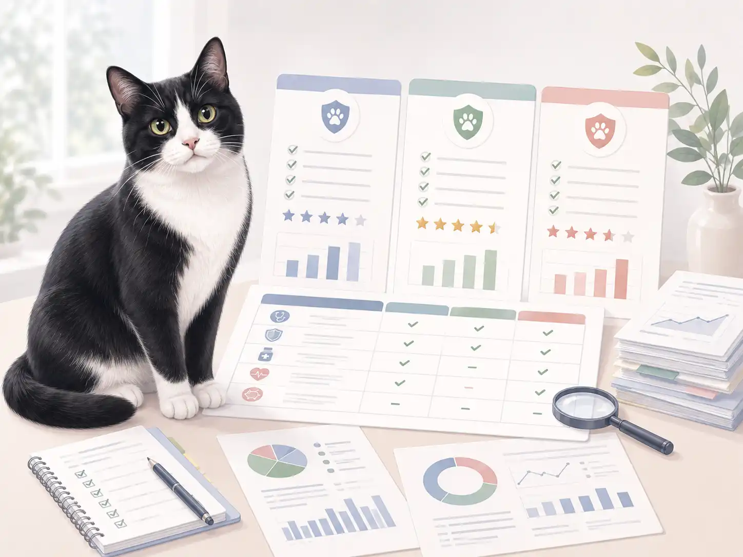 Katze vor verschiedenen Testberichten zu Tarifleistung, Service und Preis