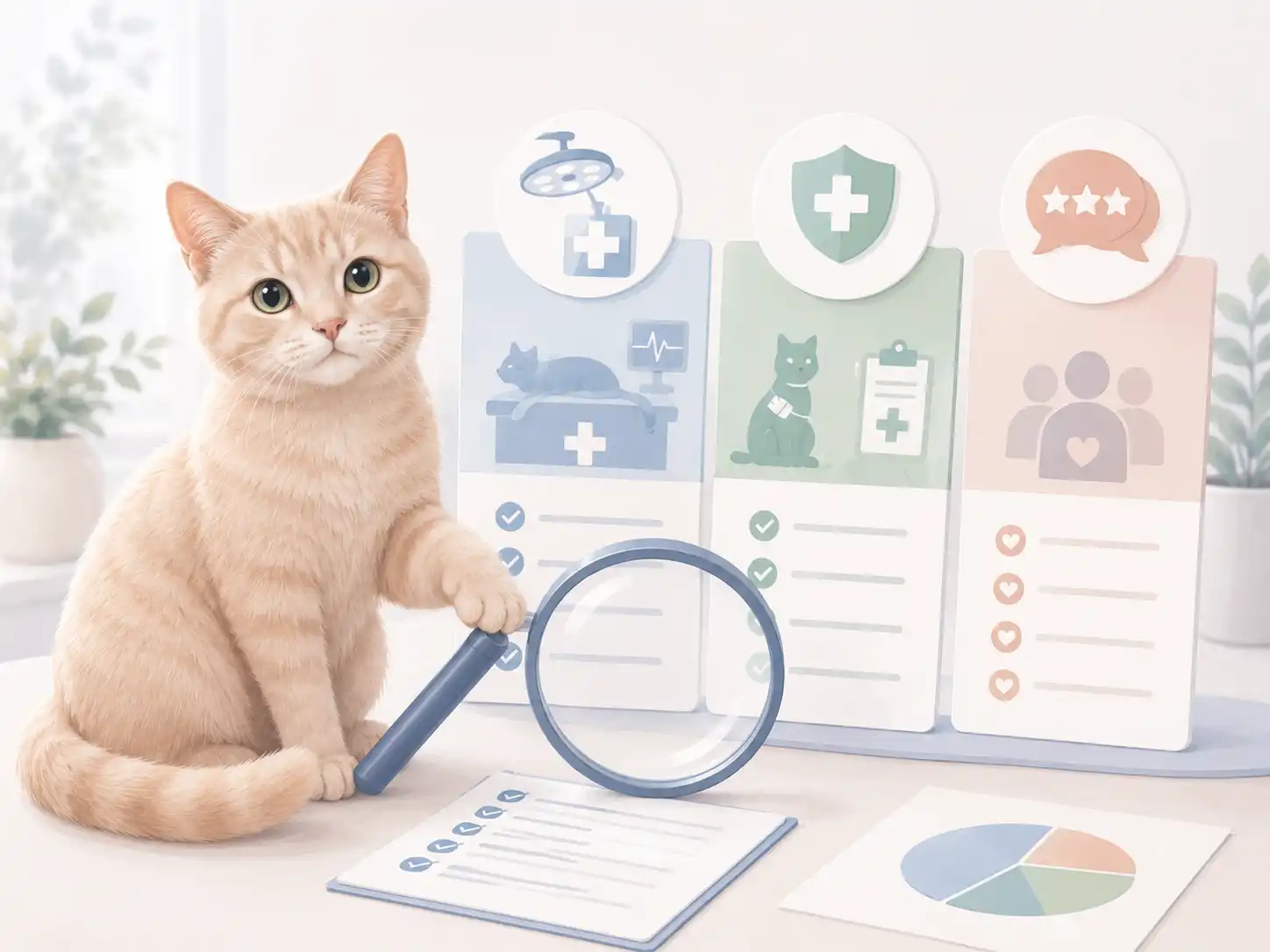 Katze neben Bewertungsbogen zur Einordnung von Testsiegern der Katzenkrankenversicherung