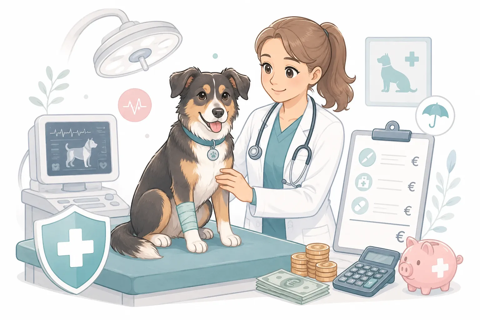 Operationskosten Hund mit Tierarztrechnung, Hund und Operationssymbolen