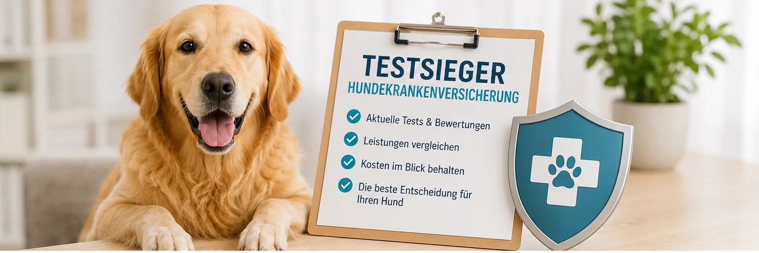 Testsieger Hundekrankenversicherung mit Hund, Prüfliste und Vergleich verschiedener Testquellen