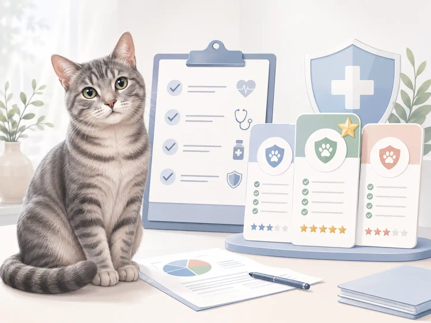 Testsieger Katzenkrankenversicherung mit Katze, Tarifunterlagen und mehreren Testarten