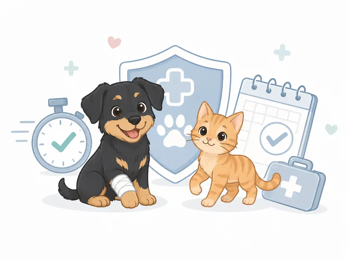 Tierkrankenversicherung ohne Wartezeit für Hund und Katze mit Kalender und Schutzschild